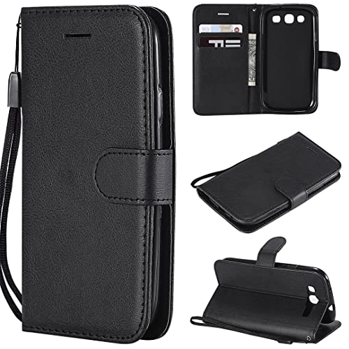 SATURCASE Hülle für Samsung Galaxy S3, Klassisch PU Lederhülle Magnetverschluss Brieftasche Kartenfächer Standfunktion Handschlaufe Handy Tasche Schutzhülle für Samsung Galaxy S3 (XD-Schwarz)