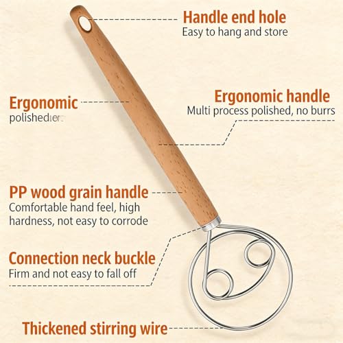 Febbya Fouet Danois,Manuel en Acier Inoxydable,Outil d'Agitation Pâte Cuisine,Double Yeux pour Pétrir Pâte à Pain,Focaccia et Gâteau,Mélangeur Durable avec Manche Ergonomique,Outil Antiadhésif – vue 2