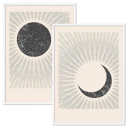 JUNOMI® Sonne & Mond Poster DIN A2 mit Rahmen Weiß - Minimalistische Boho Wanddeko für eine ruhige, harmonische Atmosphäre in Schlafzimmer, Wohnzimmer & Yoga Studio
