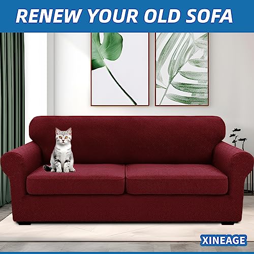 XINEAGE 2025 New 3 Pieces Couch Covers for 2 Extra Large Cushion Sofa Super Stretch Sofa Cover for 2 Large Seat Universal Loveseat Slip Cover for Living Room (Wine Red), 71"-91"(2 Cushions)