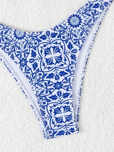 SHENHE Women's Floral Bandeau Bikini Set O Ring High Cut Strapless 2 Piece Swimsuit Blue and White Small - Image 6