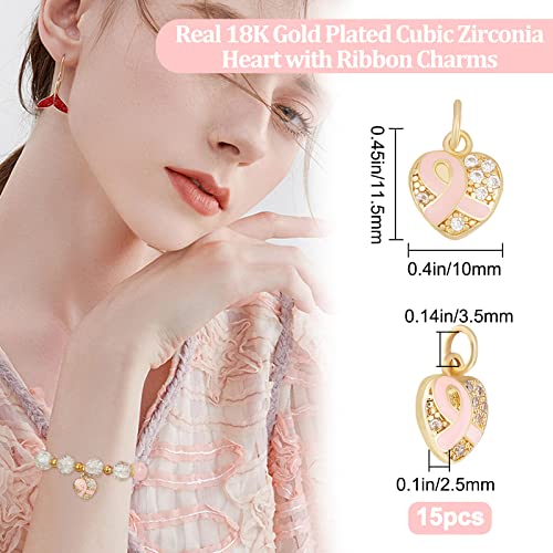 Beebeecraft 1 Box 15Pcs Heart Pink Ribbon Charms 18K Gold Plated Brass Breast Cancer Awareness Cubic Zirconia Pendants Charm with Jump Ring for DIY Jewelry Craft Making Supplies - Image 2