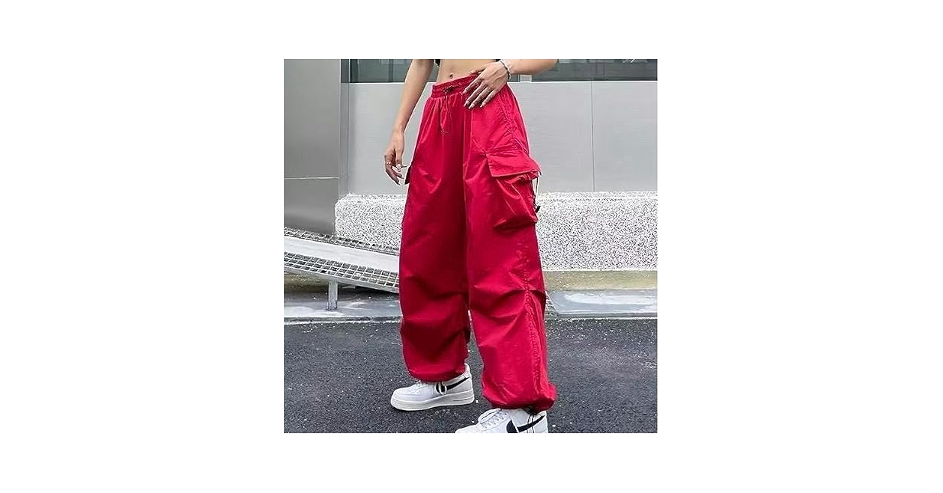 Women Big Pockets Cargo Pants High Elastic Waist Drawstring
