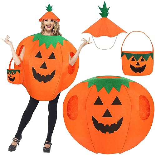 Disfraz Calabaza Adultos, Divertido Disfraz de Mujer Hombre con Bolsa Sombrero, Lindos Disfraces Calabaza Halloween para Fiesta de Temática Halloween Cosplay y Carnaval