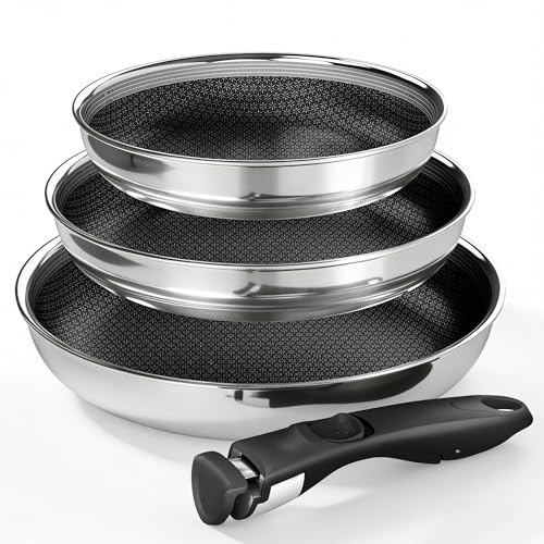 Image of Kitchen Academy Detachable Handle Skillet Set, 3-Piece 8/9.5/11 Inch Non-Toxic Stainless Steel Frying Pans for Small Space, Dishwasher & Oven Safe, Easy Storage Induction Cookware