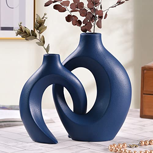 Vaso in ceramica blu per arredamento moderno, opaco, set di 2 vasi da fiori cavi, per tavolo, centrotavola, ufficio, libreria, soggiorno