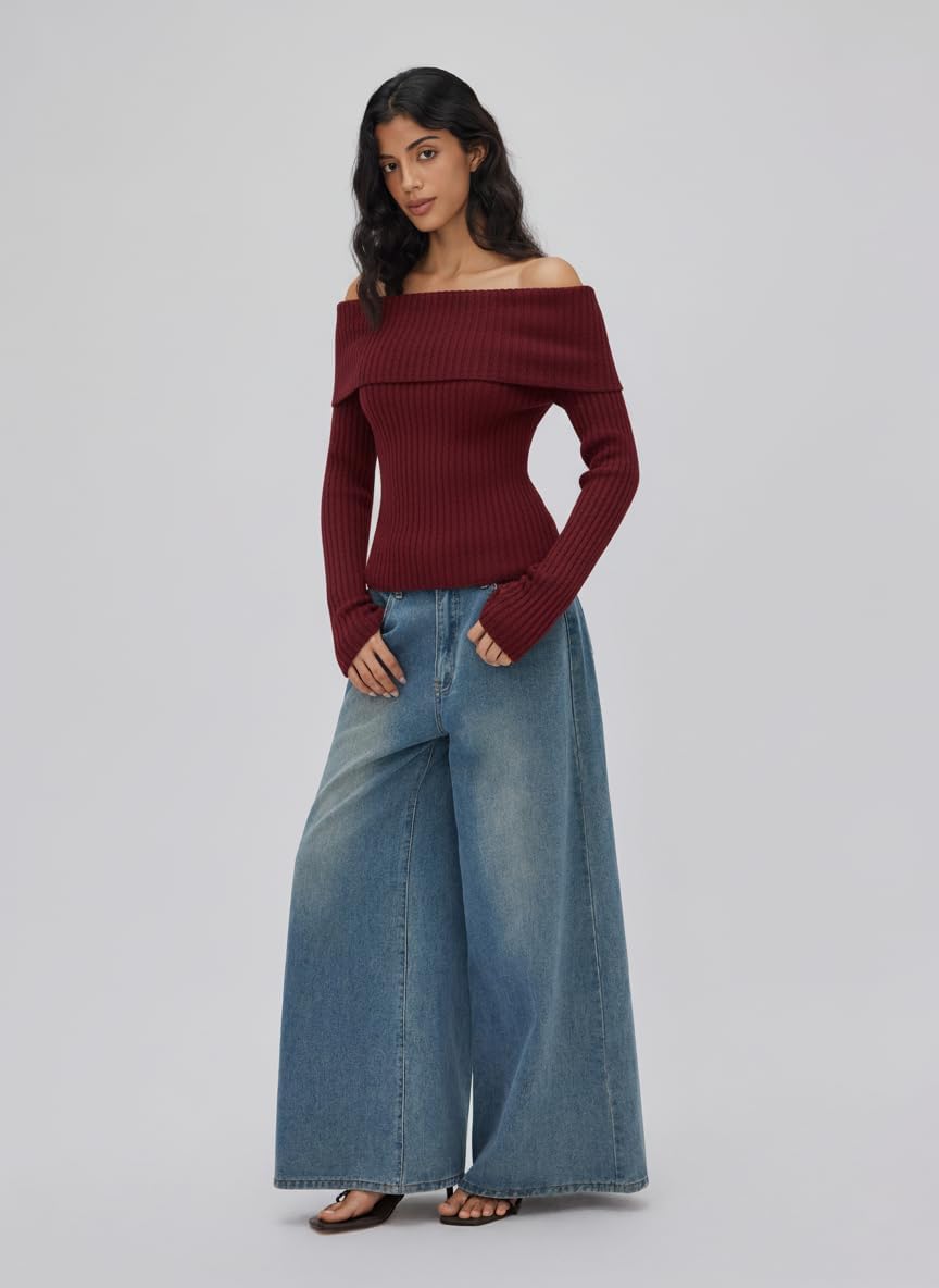 CIDER Off The Shoulder Tops for Women Long Sleeve Going Out Y2K Tops Knit Pullover Fall Outfits Trendy - Image 2