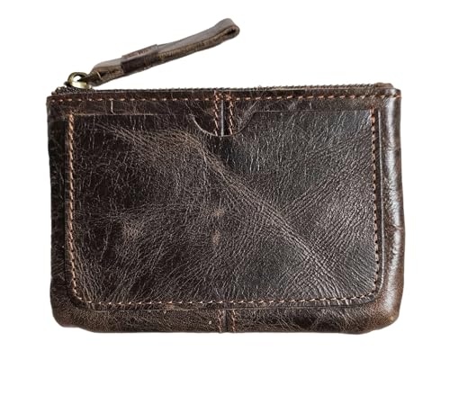 Image of Genuine Leather Coin Purse Pouch for Women Men Vintage Cowhide Grain Leather Slim Mini Wallet Metal Zipper with Real Leather handle, #09 Dark Brown, 1-Pack, Retro Vintage
