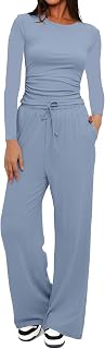 Women's 2-Piece Sweatsuit Long Sleeve Sweater Tops Elastic Waist Pants Lounge Set Crew Neck Long Sleeve Tops and Wide Leg Pants with Drawstring