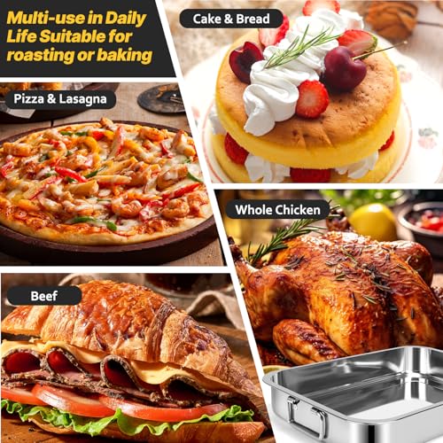 2 Pcs 12.7\"15.5\" Stainless Steel Roasting Pans with Handles, Baking Pan for Oven with 2 Pcs Flat Racks, Heavy Duty, Dishwasher Safe Rectangular Lasagna Pan with Handles for Turkey Chicken, Silver - Thumbnail 5