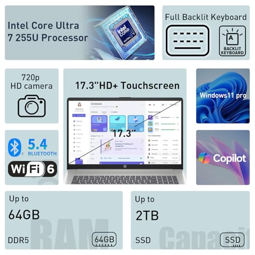 Image of HP Essential 17.3 inch Touchscreen AI Laptop, Intel Core Ultra 7 255U, 32GB DDR5, 1TB SSD, 720p HD Camera, Full Backlit Keyboard, Fingerprint Reader, Wi-Fi 6, Windows 11 Pro
