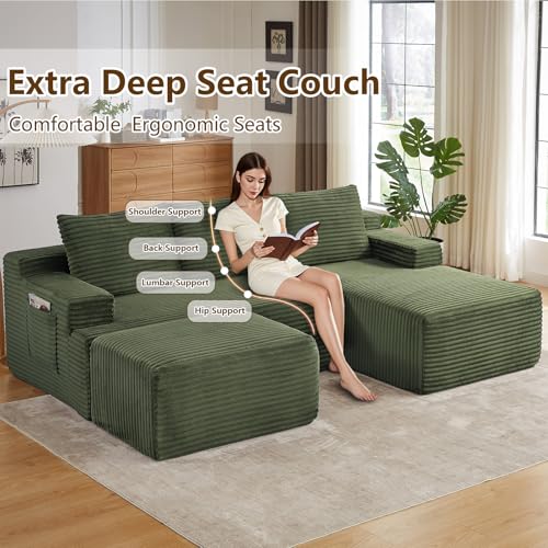 Image of 96 inch U-Shape Cloud Couch, Modern Modular Sectional L-Shape Sofa with Ottoman, Corduroy Upholstered Couches Deep Seat Sleeper Chaise Longue for Living Room, No Assembly Required(Green, Right Facing)