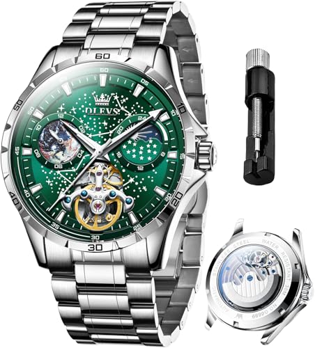 OLEVS men's luxury skeleton automatic watch with green dial, silver stainless steel band, and visible mechanical movement components.