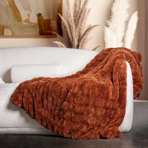 Luxury Concepts Soft Faux Rabbit Fur Throw Blanket - 50" x 60", Elegant Ruched Design Blanket, Machine Washable and Wrinkle Resistant, Lightweight Rust Throw Blanket for Couch, Sofa and Bed