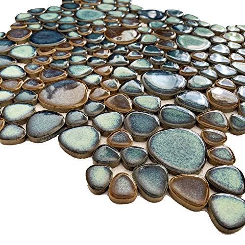 Hominter Sample Tile 3X12 Inches, Pebble Porcelain Tile Mixed Aqua And Brown, Glazed Ceramic Mosaic Heart-Shaped Pebbles, Swimming Pool Kitchen Backsplash Bath Shower Wall & Floor Tiles Czg619A #TOP1