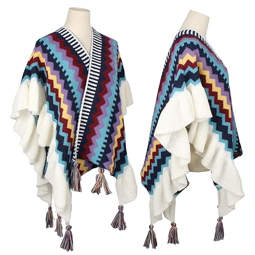 Women Wave Stripes Fall Winter Warm Cashmere-like Shawl Wrap Cardigan Open Front Poncho4