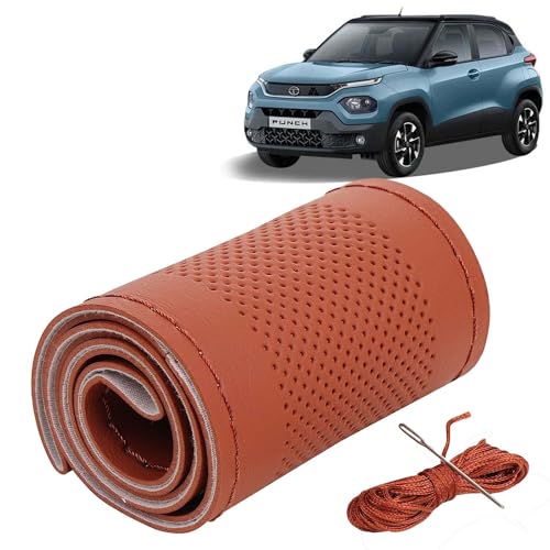 Image of KINGSWAY PU Leatherite Car Steering Cover Sewable Compatible with Tata Punch (Year 2021 Onwards), Tan Color with Tan Thread, Pack of 1 with Sewing Needle and Thread