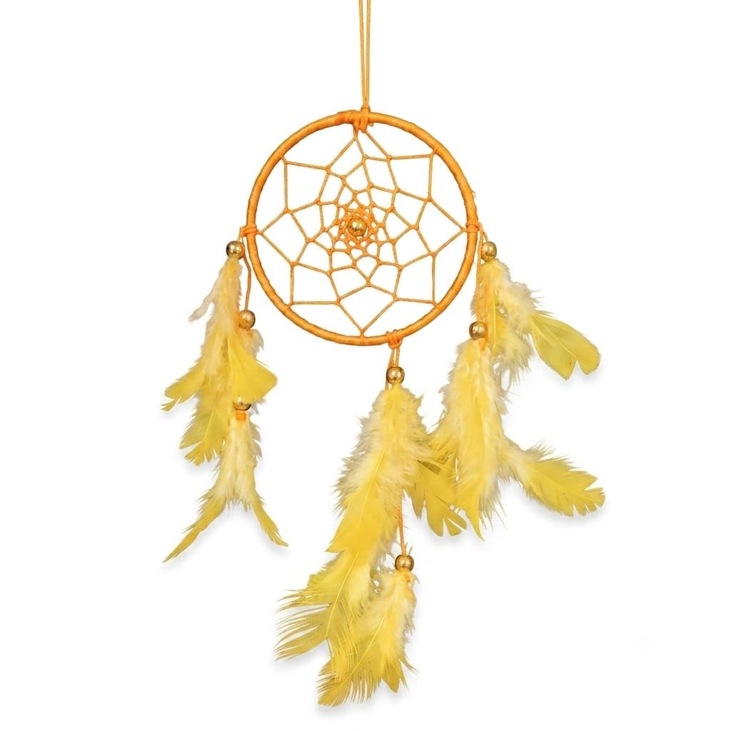Dream Catcher with Feathers and Beads, Yellow and Orange | Woven Web Design, Hanging Wall Decor, Boho Style, Gold Accent Beads, Room Decoration-image-7