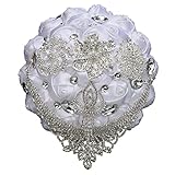 Ljxoaieu Big Size (8.26') Handmade Rhinestones White Bridal Wedding Bouquet Diamond Bridesmaids Satin Rose Flower with Ribbon for Wedding Time of Marriage (White)