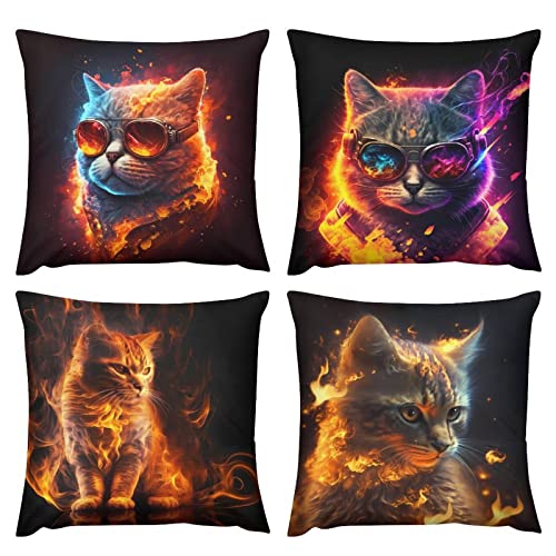 Summer Cat Throw Pillow Covers 18X18 Set Of 4 Decorative Pillow Covers Farmhouse Pillow Covers Sweet Home Decorations Cushion Case For Couch Sofa Bed Outdoor #TOP23