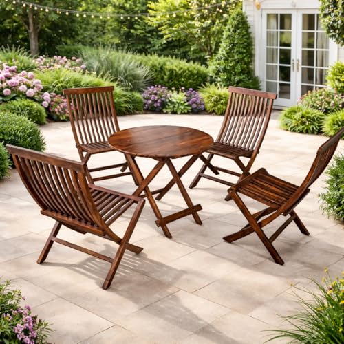 WELL KNOWN Wooden Patio Dining Set | Folding 4 Chair & Round Table Set for Indoor Outdoor Use | Garden, Terrace, Patio & Balcony Furniture | Solid Wood Dining Set