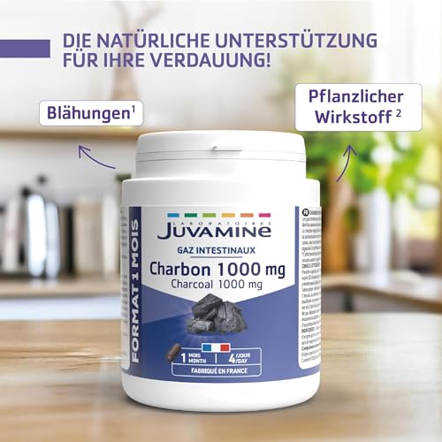 JUVAMINE - Pflanzliche Kohle 1.000 mg - Verdauung - Blähungen - Hilft, übermäßige Blähungen nach einer Mahlzeit zu reduzieren - 1-monatliches Programm - 120 Kapseln