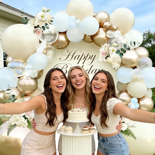 White Sand Metallic Champagne Gold Balloons Garland Arch Kit,139PCS White Neutral Balloons with Clear Balloons for Birthday Wedding Baby Shower Bridal Shower Engagement Anniversary Decoration — view 3