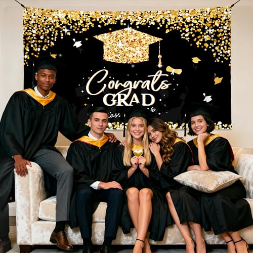Image of PARTY KNIGHT Graduation Decorations 2026 - Black and Gold Graduation Backdrop and Congrats Grad Banner Class of 2026 Graduation Party Supplies Decor