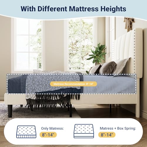 Image of Allewie Full Size Velvet Platform Bed Frame with Adjustable Headboard Cream | Height-Adjustable Velvet Headboard, Rivet-Style Nailhead Trim, Wooden Slat Support, No Box Spring Needed, Easy Assembly