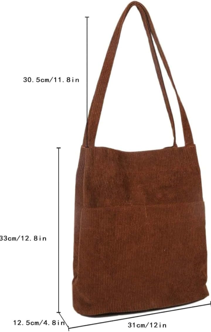 Corduroy Shoulder Bag for Women, Lightweight Vintage Tote with Multiple Pockets, Soft Fabric Everyday Purse – Brown - Image 5