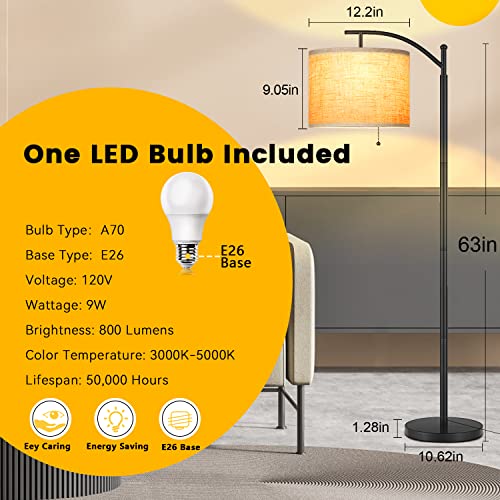 Joofo Floor Lamp With Pull Chain Switch - Standing Floor Lamp With Fabric Linen Lamp Shade, 3 Color Temperatures Tall Arc Floor Lamps For Bedroom And Living Room,Dorm,Office, Black #TOP6