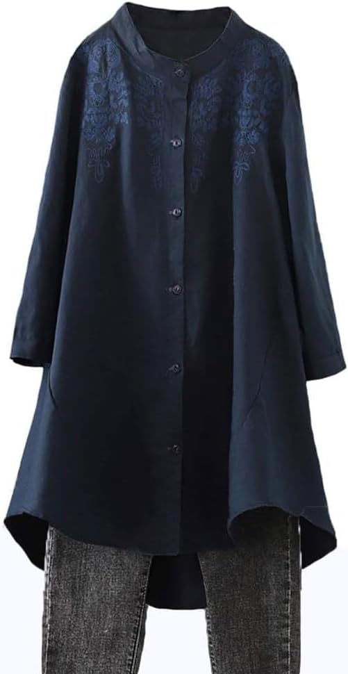 Women's Cotton Linen Shirt High Low Button Down Embroidered Blouse Long Sleeve Tunic Tops