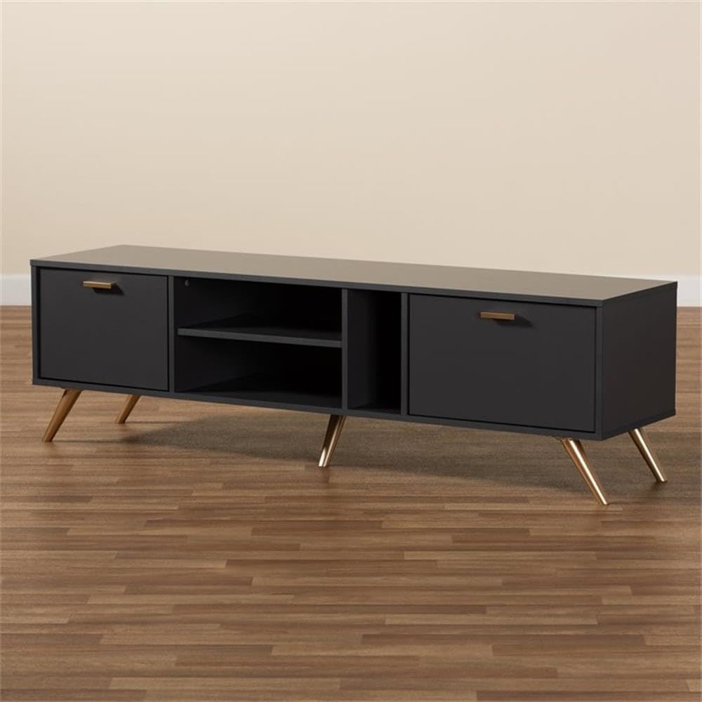 BOWERY HILL Contemporary Wood TV Stand, 63" Wide, Dark Gray Finish with Gold Accents, Engineered Wood, Storage Shelves and Cord Management, Modern Living Room Entertainment Console