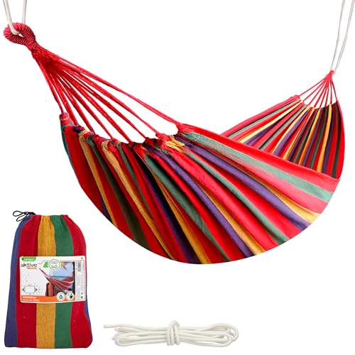 Hamacas Colgantes 5 Aktive 52990 - Hamaca colgante de algodón para camping y jardín | Hamaca jardín exterior | Medidas 200x100 cm| Hasta 200 kg de capacidad de carga | Con bolsa de transporte