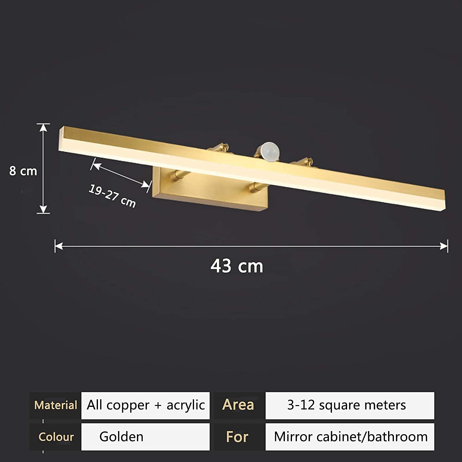 Lampada da bagno con interruttore Illuminazione a LED su specchio in ottone con sensore di movimento e lampada girevole Lampada da parete a specchio for comodino (Size : 43CM)
