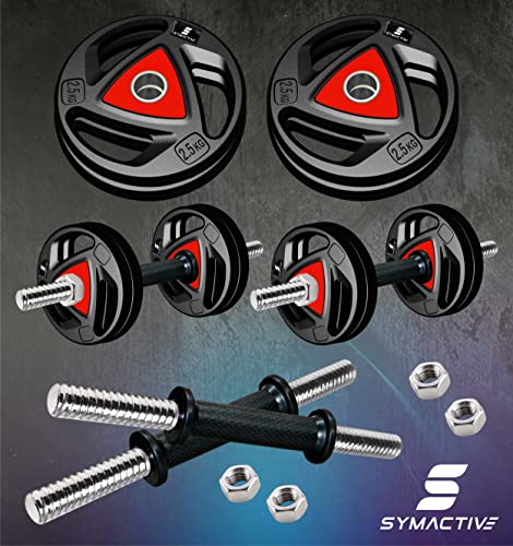 Image of Amazon Brand - Symactive Professional Metal Integrated Rubber Adjustable 10 kg Dumbbells Fitness Kit for Full Body Workout | 14 Inch Dumbbell Rods Pair & Nuts | Home Gym Kit | Multicolor
