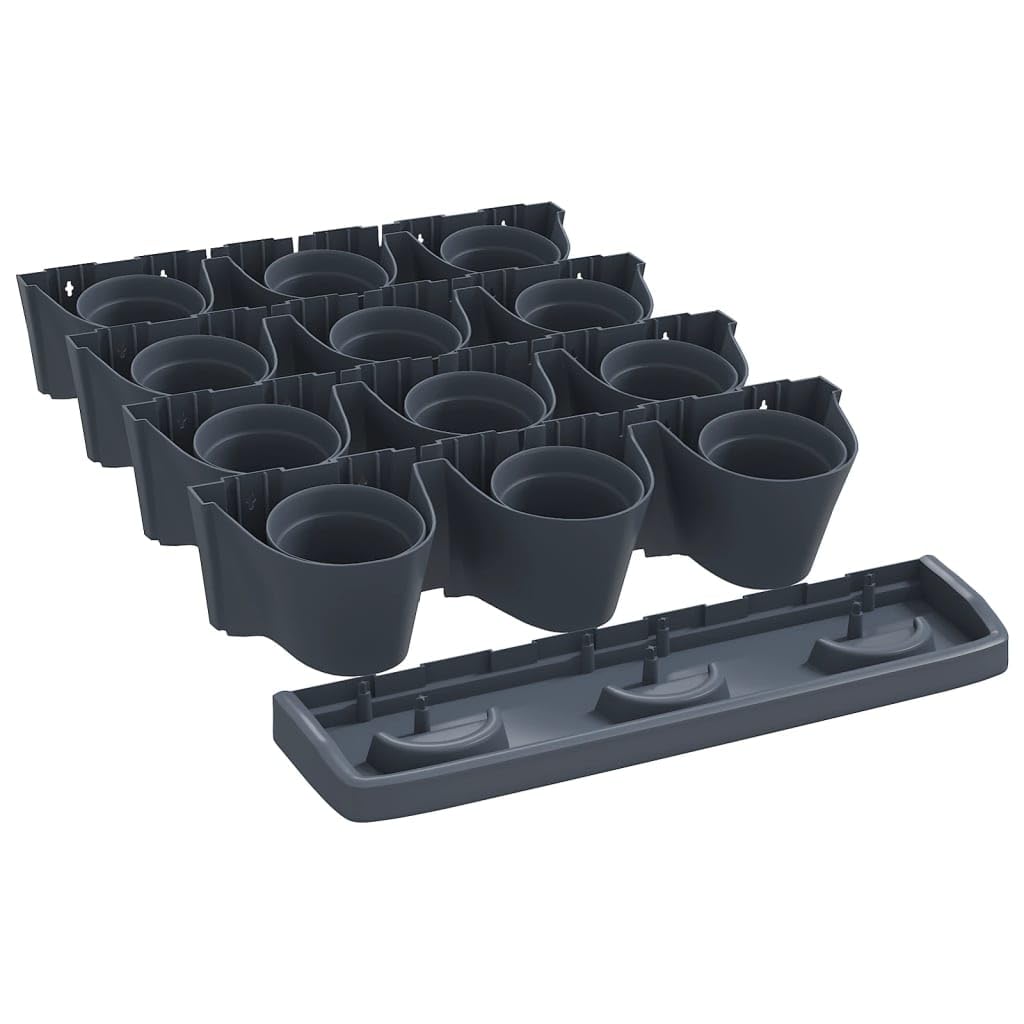 Set di 12 vasi verticali in polipropilene antracite - Vaso da fiori da parete con sistema di irrigazione intelligente - Supporto modulare per erbe, verdure e fiori