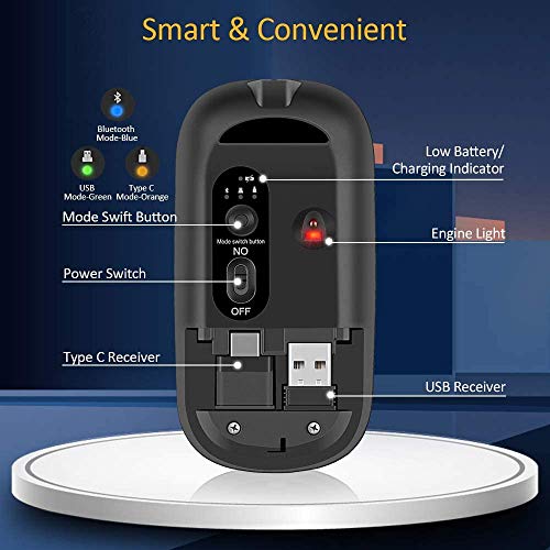 Cocoda Mouse Wireless, Mouse Gaming Silenzioso Ricaricabile con Ricevitore Bluetooth USB, Adattatore di Tipo C, 4 Livelli DPI Regolabili, Mouse Bluetooth per Laptop, PC, Mac, MacBook PRO, iPad