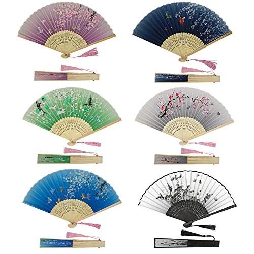 EOGAIL 6 PCS Hand Folding Fans for Women, Silk Fabric and Hollow Carved Bamboo Handheld Folding Fan, Chinese Style Hand Fan with Tassels for Gifts and Wall Decoration