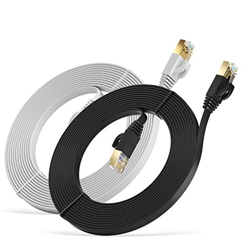 MutecPower Paquet de 2 câbles Cat7 Ethernet à 3 mètres - Ultra Plat et Flexible avec Prises RJ45 - SSTP - 600 MHz - 3m - Noir et Blanc avec Serre-câbles et Clips