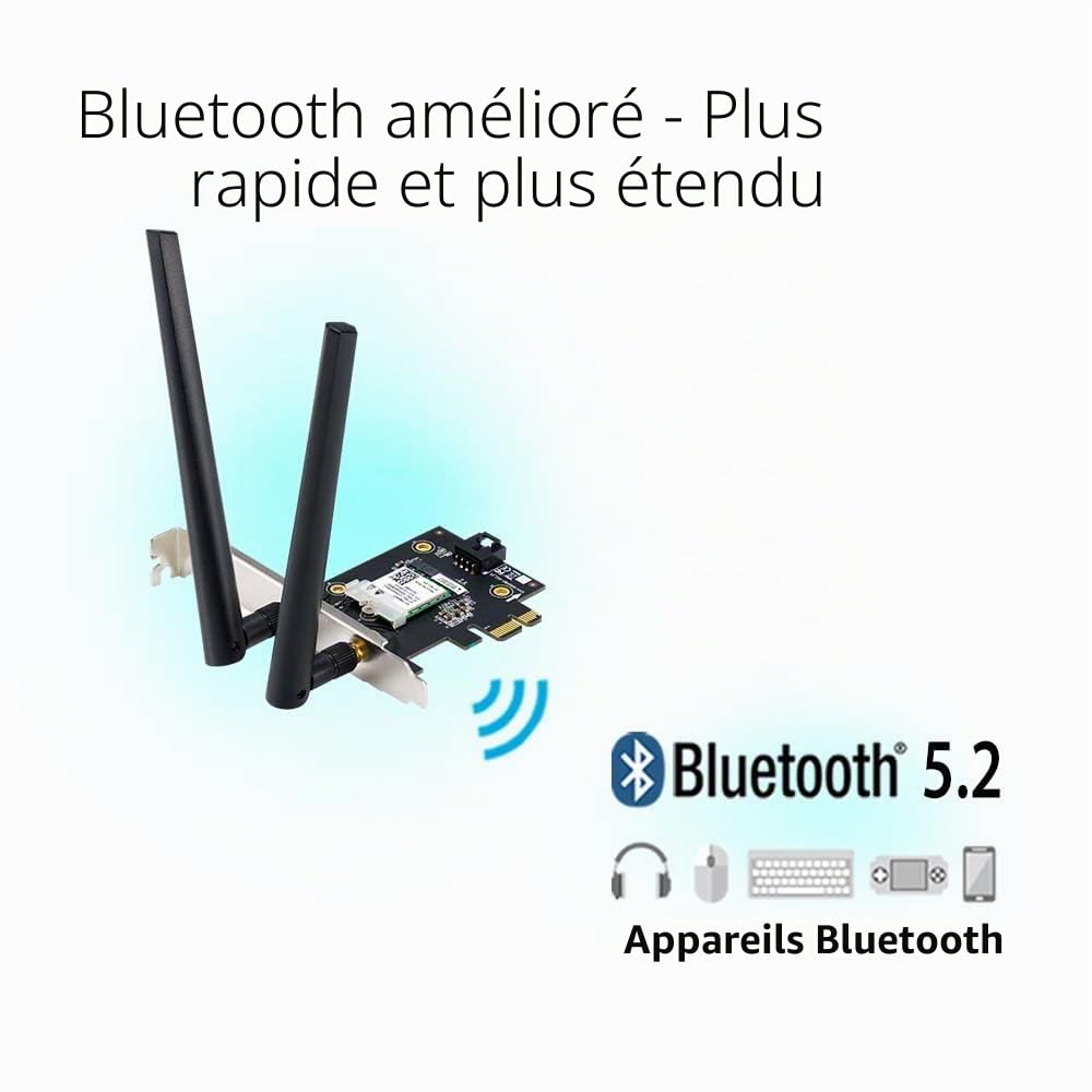 ASUS Adaptateur WiFi AX1800 PCIe (PCE-AX1800) – WiFi 6, Bluetooth 5.2, très faible latence sans fil, 2 antennes externes, prend en charge le débit total de données jusqu'à 1800 Mbps, sécurité réseau