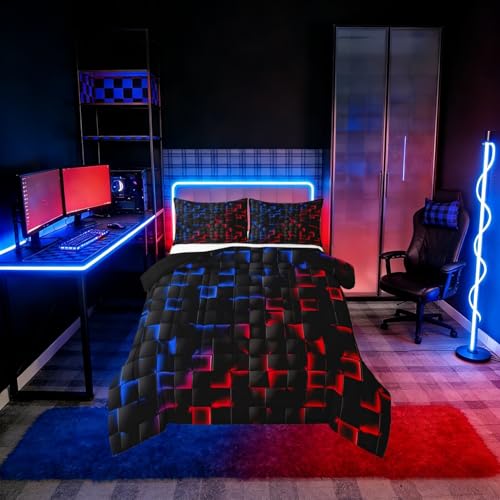 Image of Erosebridal Geometric Checkered Boys Bedding Set Full Size Neon Red Blue Comforter Set for Kids Teen Men Gamer Room Decor,Abstract Ombre Plaid Comforter Grids Quilt Duvet Black