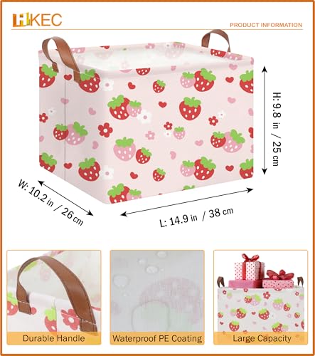 Image of Rectangle Storage Basket with Handles,Collapsible Storage Bin,Books Box,Gift Basket(Strawberry)