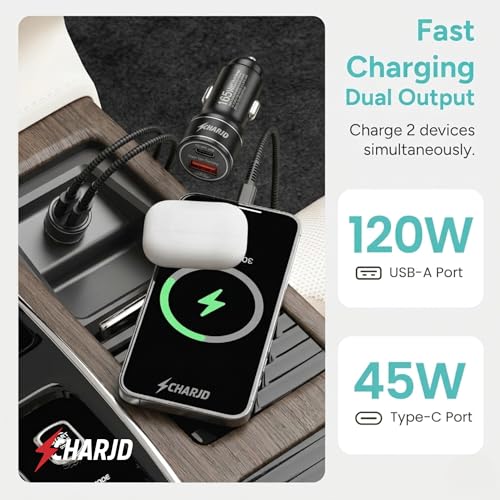 Image of 165W Black Car Charger Fast Charging 120W SuperVOOC & 45W PD Dual Port Car Charger Type C and Usb A Charging with 3 in 1 Grey Cable Fast Charging Premium Car Mobile Charger for Laptops & Phones