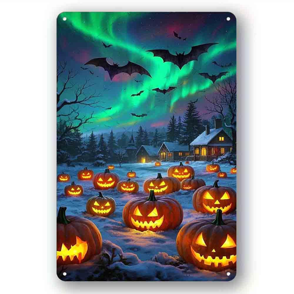 peiyeety Aluminum Tin Sign Halloween Pumpkin Bat Halloween Tin Sign Kitchen Wall Sticker Poster Cafe Bar Man Cave Art Christmas Decor 8x12 Inch