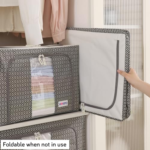 Image of HOKIPO Wardrobe Organizer Storage Box | Foldable Cloth Storage Boxes with Metal Frame & Window | 600D Oxford Fabric | 24L, Pack of 1 Charcoal Grey (AR-5927-CGRY)