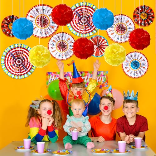 Image of Outus 21 Pcs Carnival Party Decorations with Circus Hanging Paper Fans Red Yellow Blue Paper Pom Poms Tissue Flowers for Ceiling Wall Carnival Circus Theme Birthday Baby Shower Party Favors Supplies