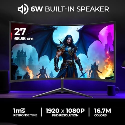 Image of Foxin Phantom 27 inch (68.58 cm) 1800R Curved Gaming Monitor, FHD 1920x1080p, 200Hz, 1ms, Adaptive Sync | HDMI, VGA & Type-C Ports | RGB Backlight, Built-in Speakers | Wall Mountable | Black