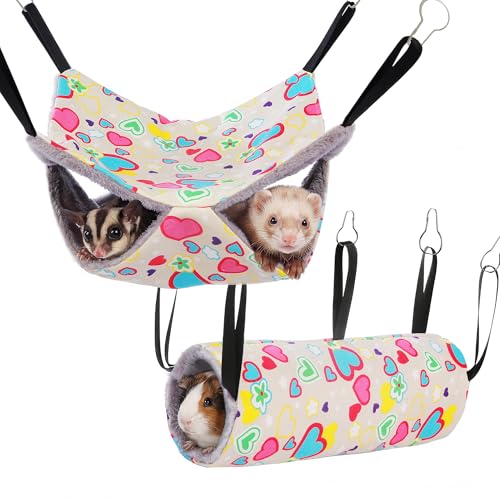 petonfun 2 Pack Ferret Rat Hammock for Cage Large Sugar Glider Pouch Guinea Pig Bed Pet Toys and Accessories Set for Play Hanging Small Animal Tubes & Tunnels for Chinchilla Squirrel Hide Grey Heart