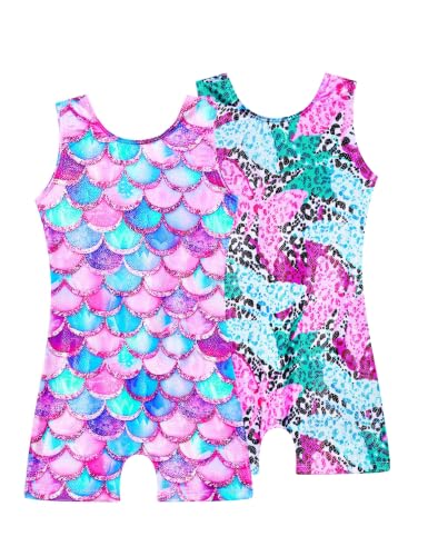Tziharora Girls Leotards for Gymnastics 7-8Y Pink Green 2 Pack Sleeveless